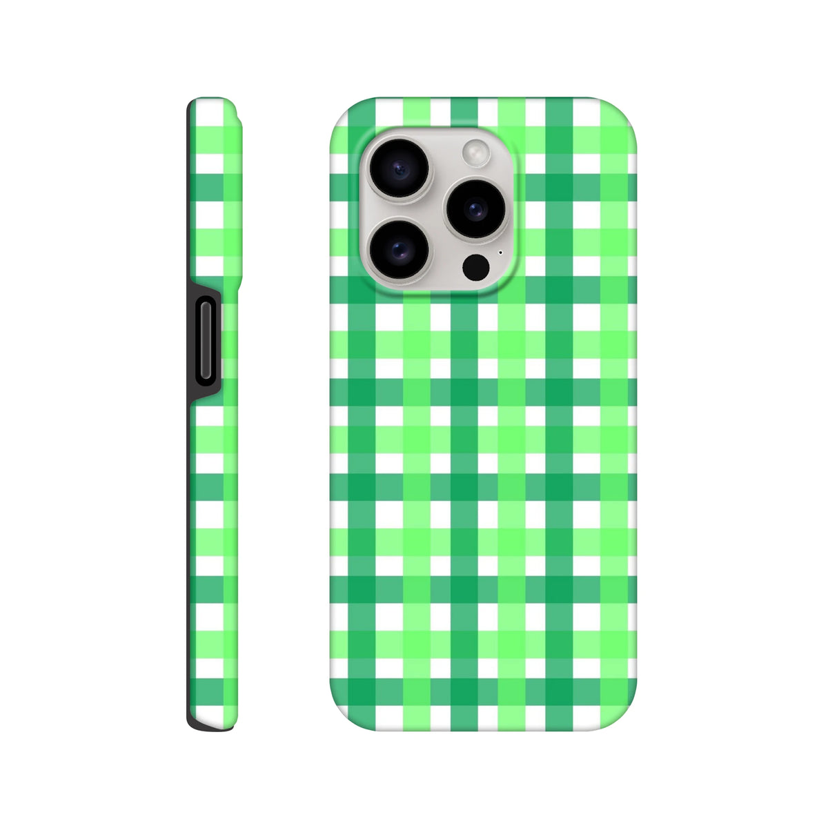 Retro green gingham iPhone case with bold white plaid pattern, featuring tough wraparound protection and side view.
