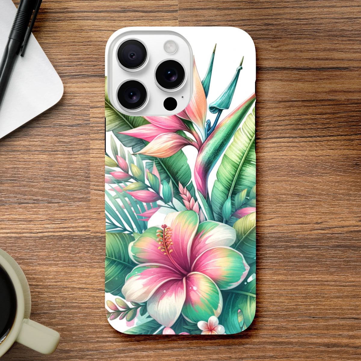 Tropical hibiscus and botanical leaf pattern on a tough iPhone case. Impact-resistant floral phone cover for street styling.