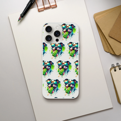 Transparent Chill Dog case for iPhone 13-16 featuring repeating sunglasses-wearing dogs with green popsicles.