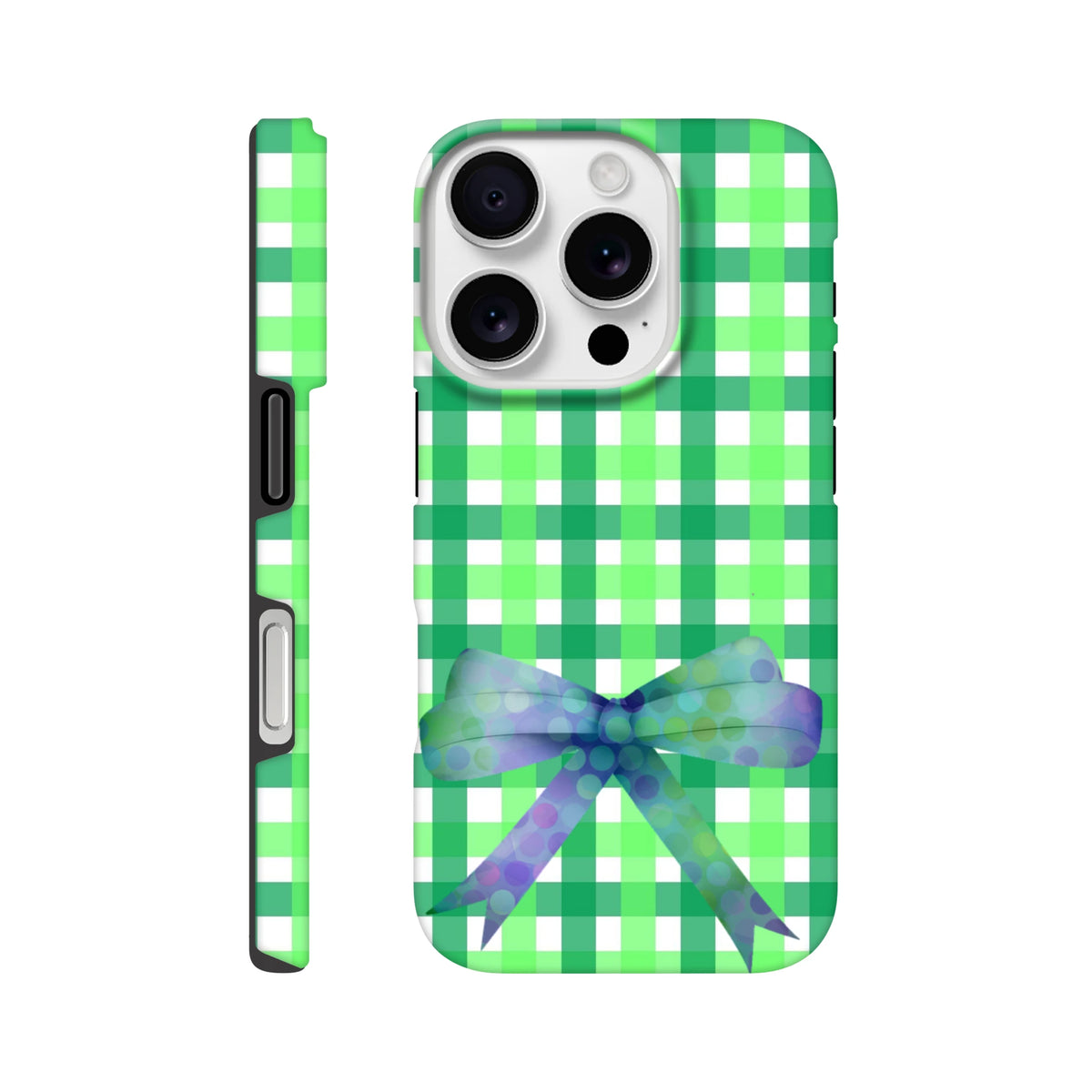 Green gingham iPhone case featuring a blue polka dot bow. Coquette tough phone cover for iPhone 13-16.