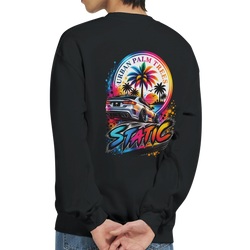 Black petrolhead sweatshirt back view featuring a colourful slammed car graphic with Urban Palm Trees and Static text.