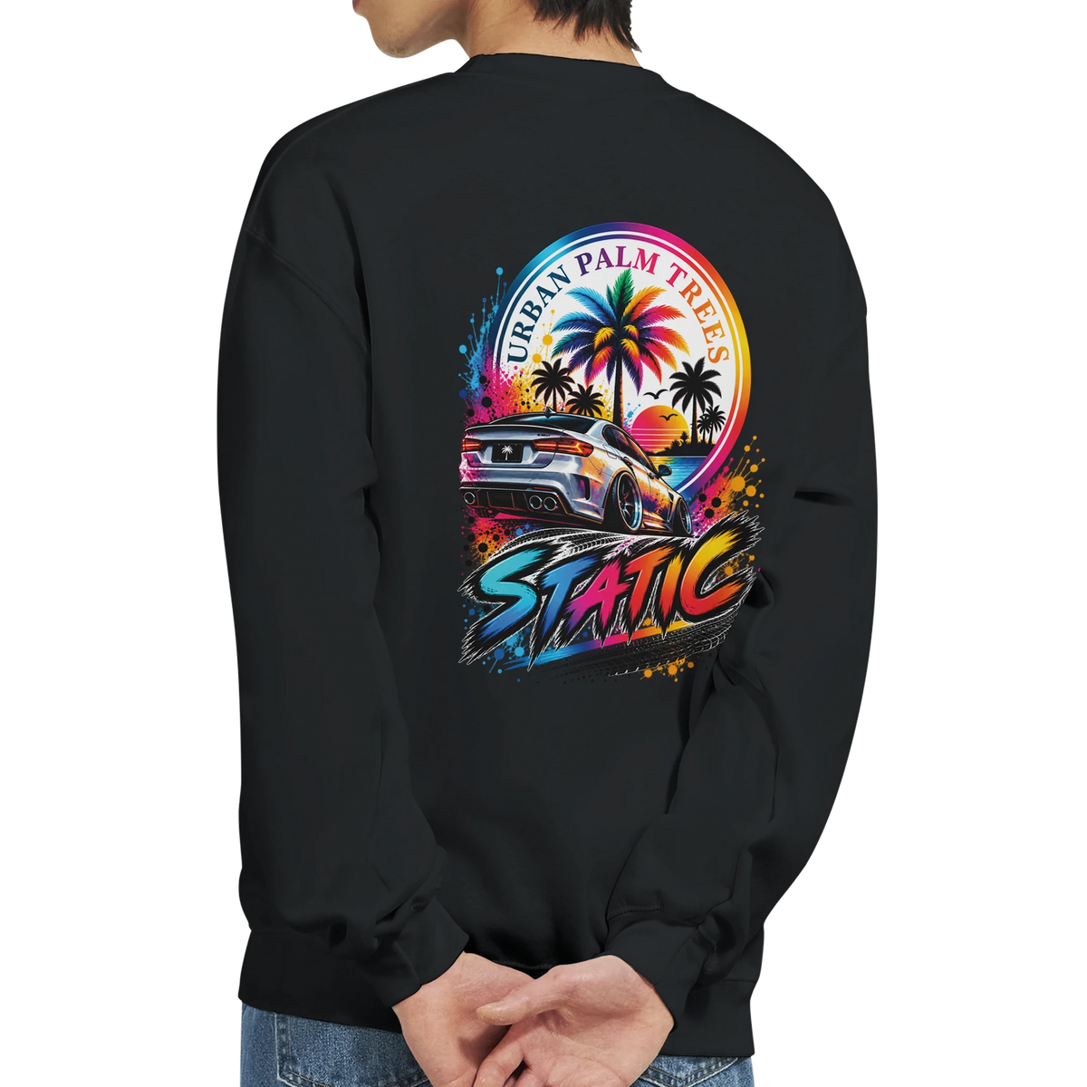 Black petrolhead sweatshirt back view featuring a colourful slammed car graphic with Urban Palm Trees and Static text.