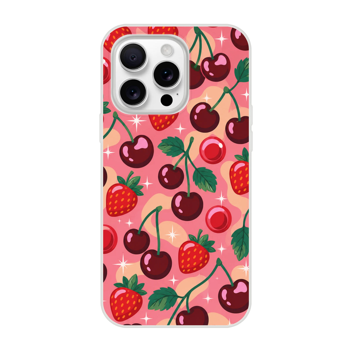 Cute retro phone case featuring a red cherry and strawberry pattern on a pink background with white sparkles for iPhone 13-16.