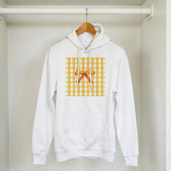 Cute Yellow Bow Gingham Hoodie on a hanger; white hoodie with yellow plaid bow graphic.