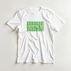 White women's t-shirt with a green gingham square and lime slices graphic.