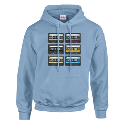 Light blue pullover hoodie featuring a retro 90s cassette tape grid print. Vintage music graphic streetwear for women.