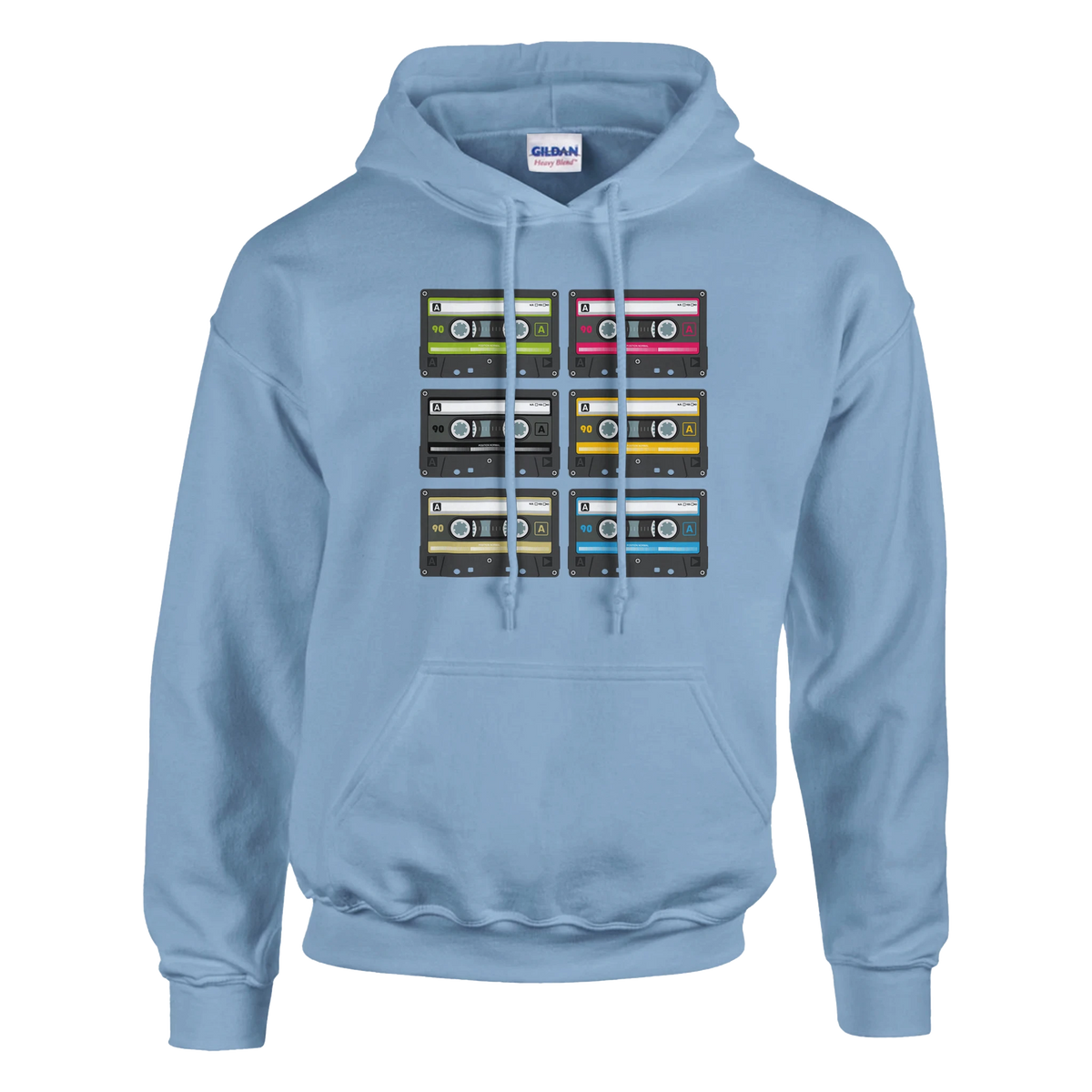 Light blue pullover hoodie featuring a retro 90s cassette tape grid print. Vintage music graphic streetwear for women.
