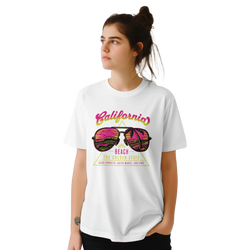 Woman wearing Y2K California Beach T‑Shirt with retro sunset sunglasses graphic.