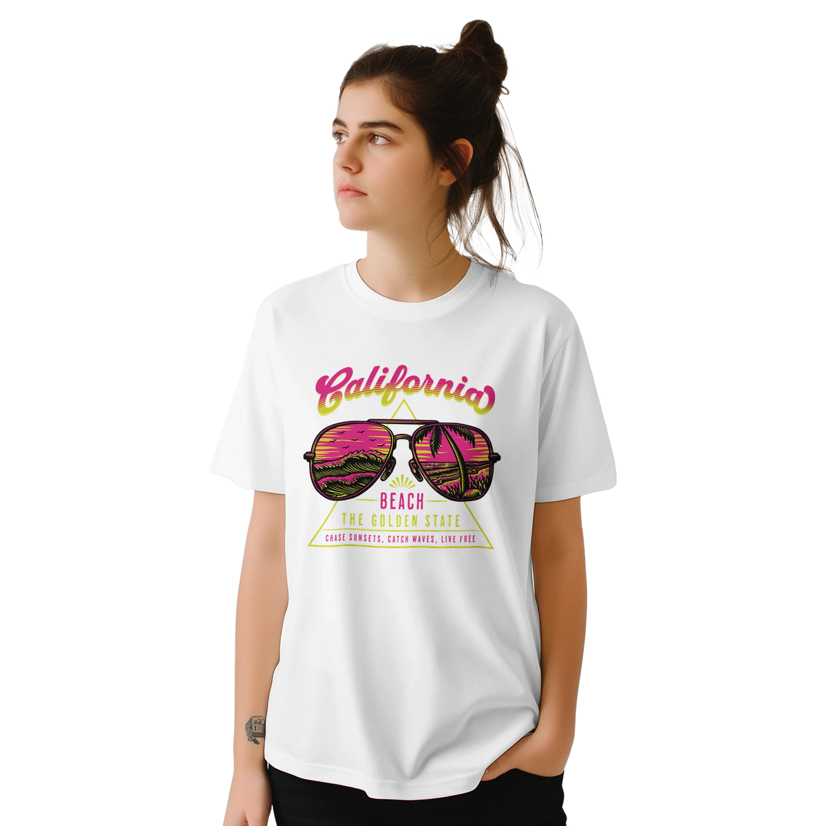 Woman wearing Y2K California Beach T‑Shirt with retro sunset sunglasses graphic.