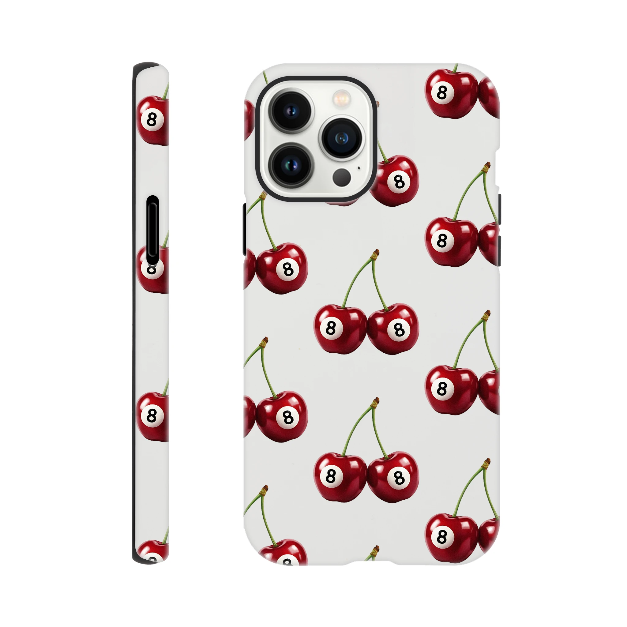 Lucky Cherries iPhone case - tough dual-layer protective cover with wraparound cherry print for iPhone 16/15/14/13