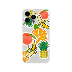 Clear iPhone case featuring vibrant tropical fruit sticker graphics including oranges, bananas, and pineapples.