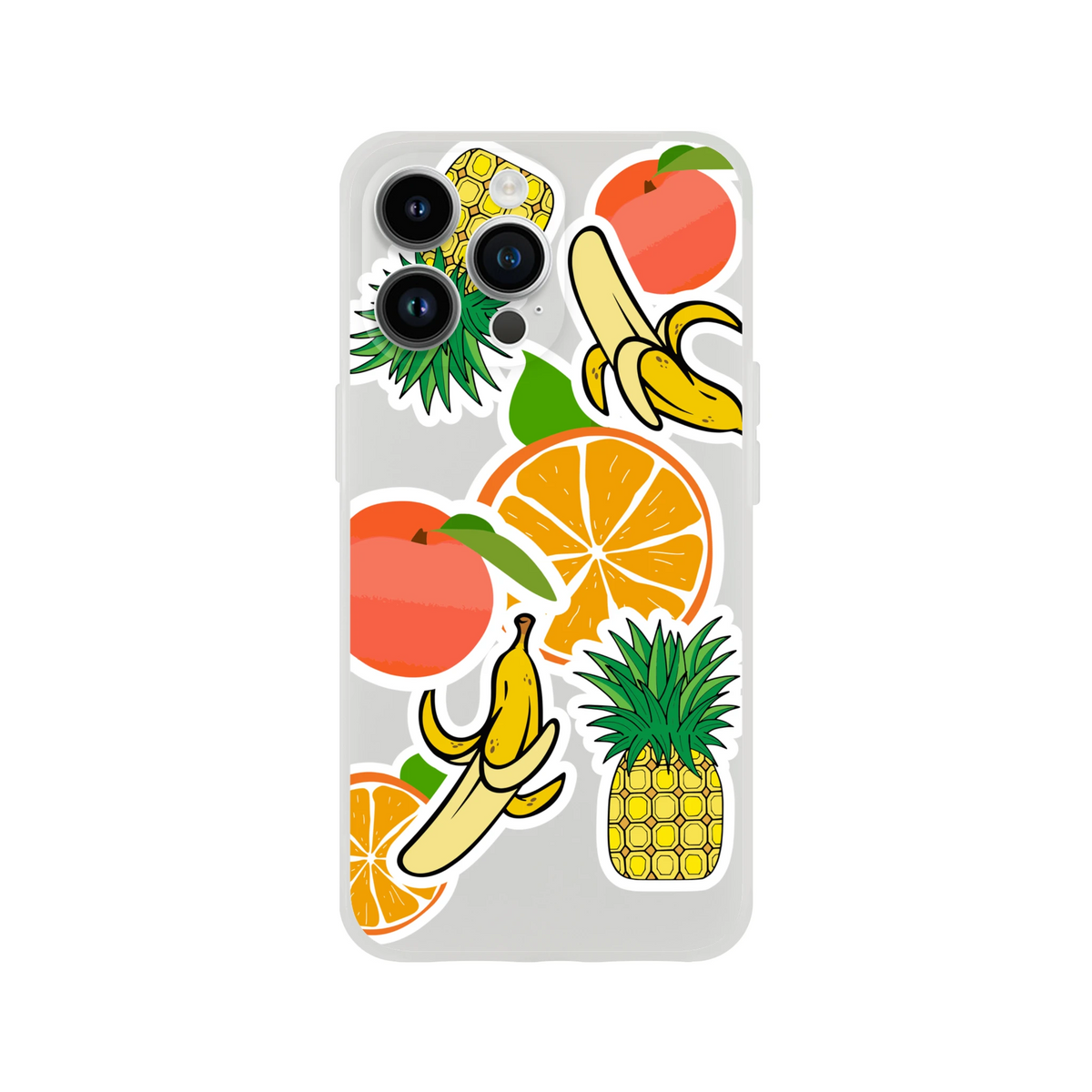 Clear iPhone case featuring vibrant tropical fruit sticker graphics including oranges, bananas, and pineapples.