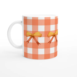 Orange gingham bow mug with orange ribbon bow, Cute Coquette coffee cup for daily coffee or tea.
