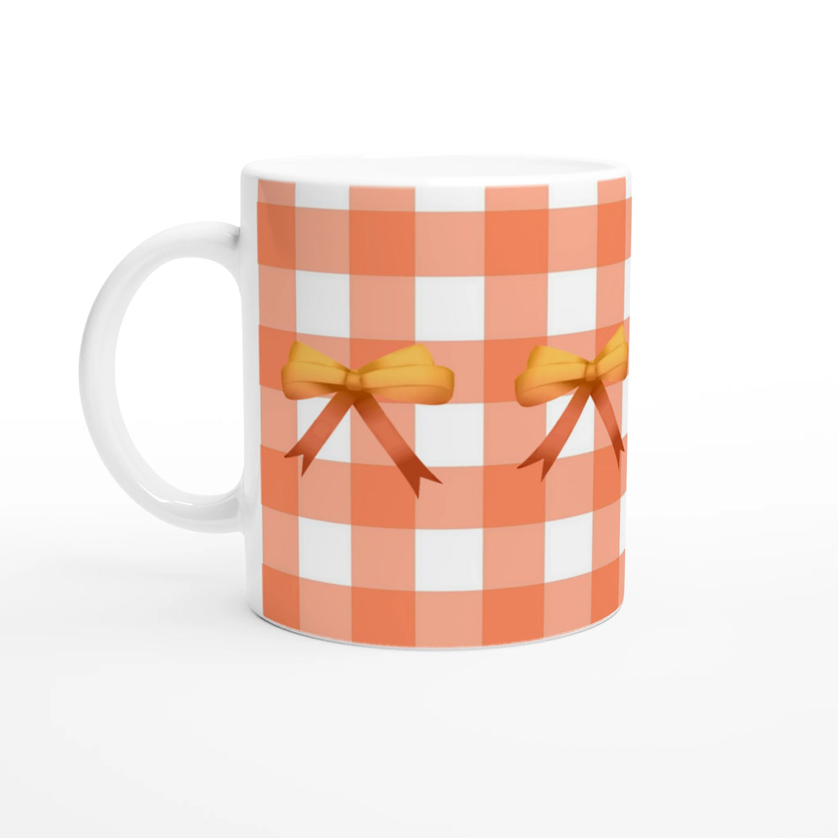 Orange gingham bow mug with orange ribbon bow, Cute Coquette coffee cup for daily coffee or tea.