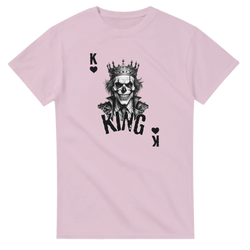 Pink gothic streetwear tee featuring a crowned King Skull poker graphic with heart symbols and bold typography.