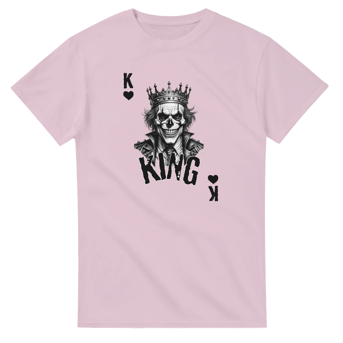 Pink gothic streetwear tee featuring a crowned King Skull poker graphic with heart symbols and bold typography.