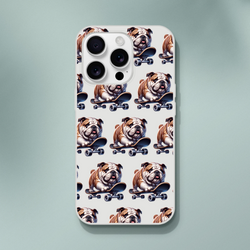 Slim clear iPhone case featuring a repeating bulldog on skateboard design; protective, flexible cover.