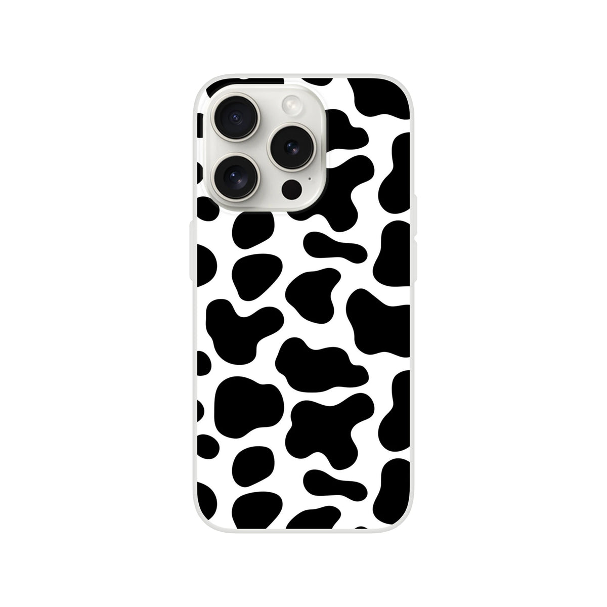 Black and white cow-print iPhone case for models 13–16 with bold Y2K style.