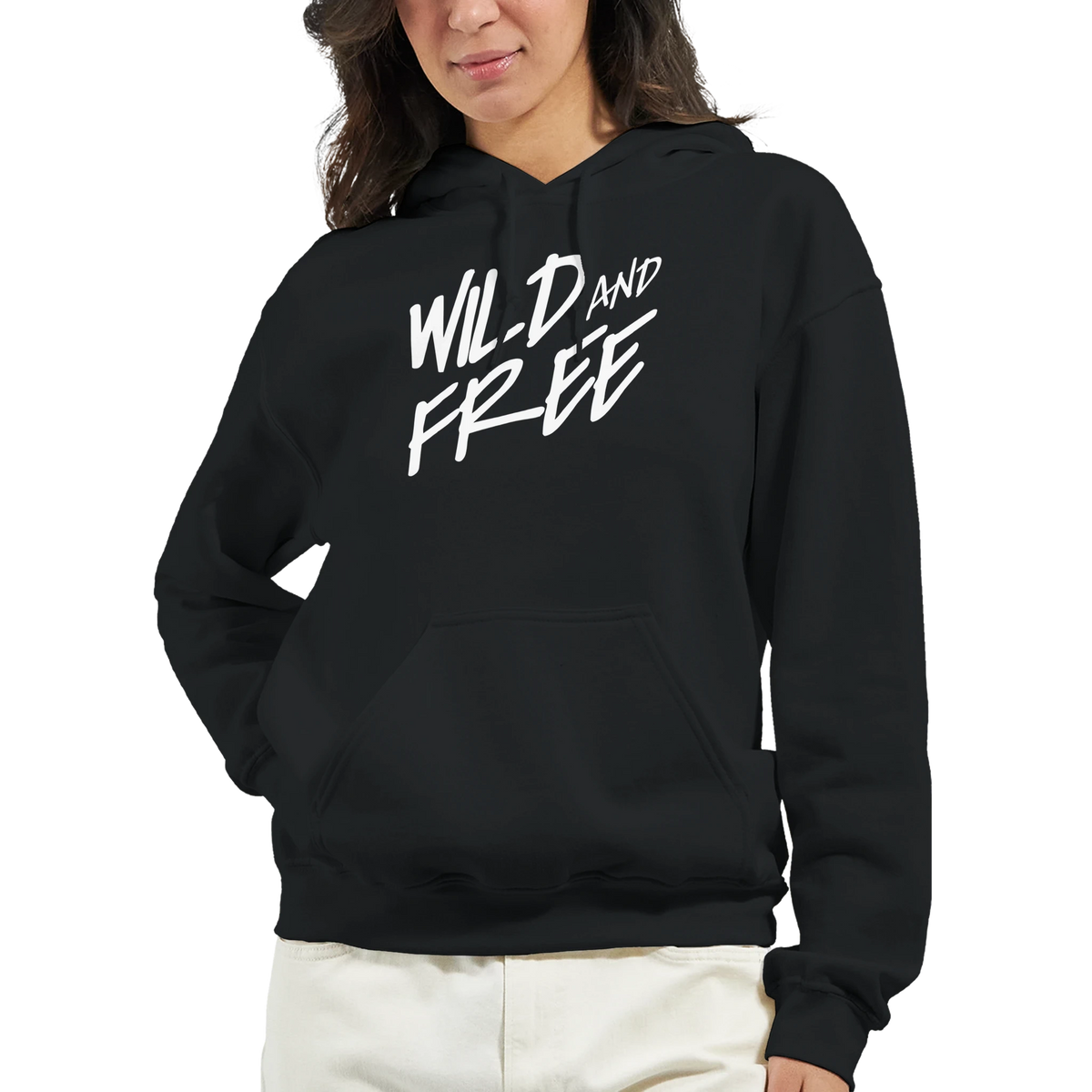 Woman wearing Cute Wild And Free Hoodie with bold slogan, casual streetwear top for women.