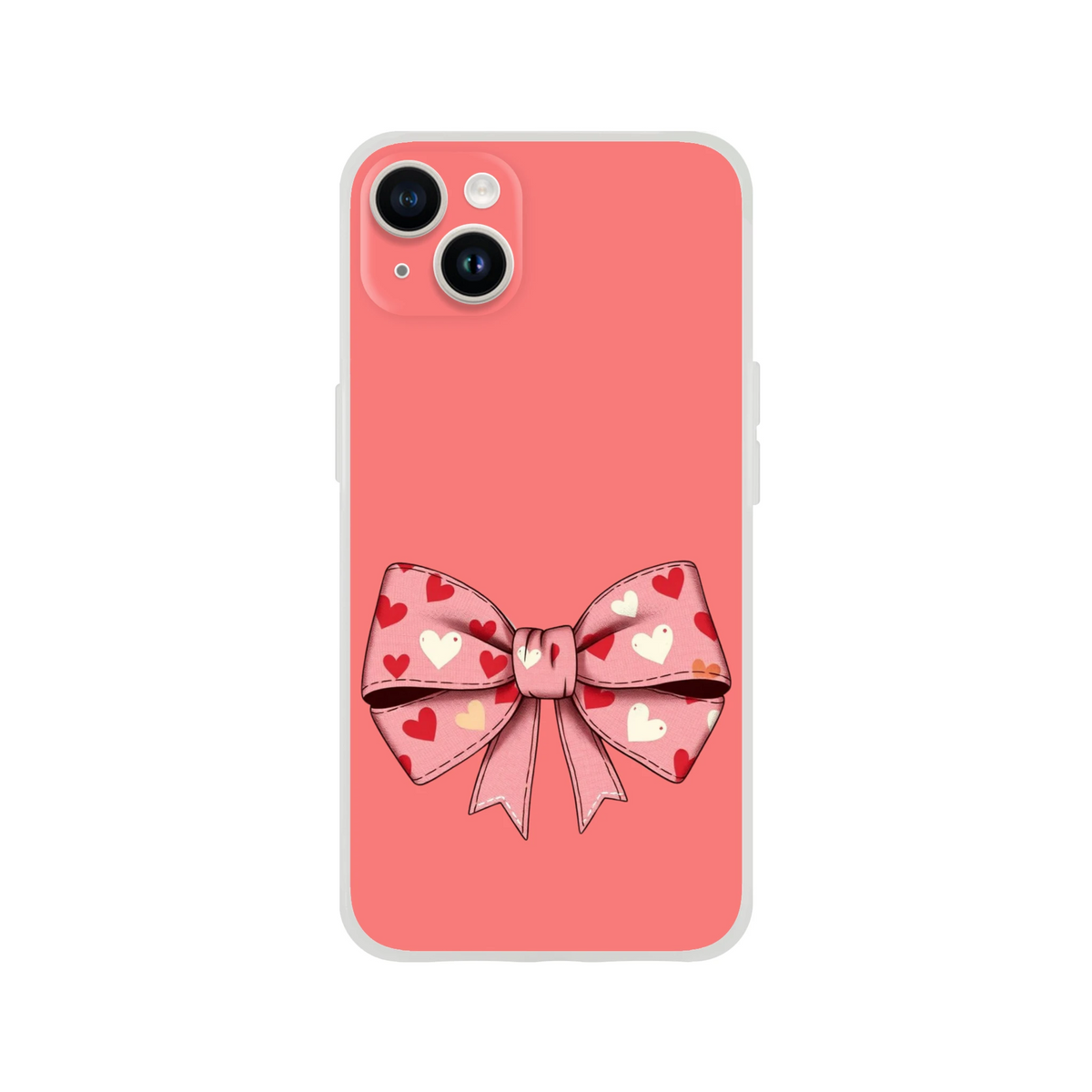 Pink iPhone case (13-16) with a large heart-patterned bow design.