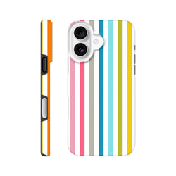 Retro rainbow vertical stripe tough iPhone case. Vibrant pink, blue, yellow, and green wraparound print for iPhone 13-16.