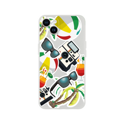 Transparent iPhone case with summer holiday sticker effect featuring palm trees, beach balls, sunglasses, and vintage cameras.