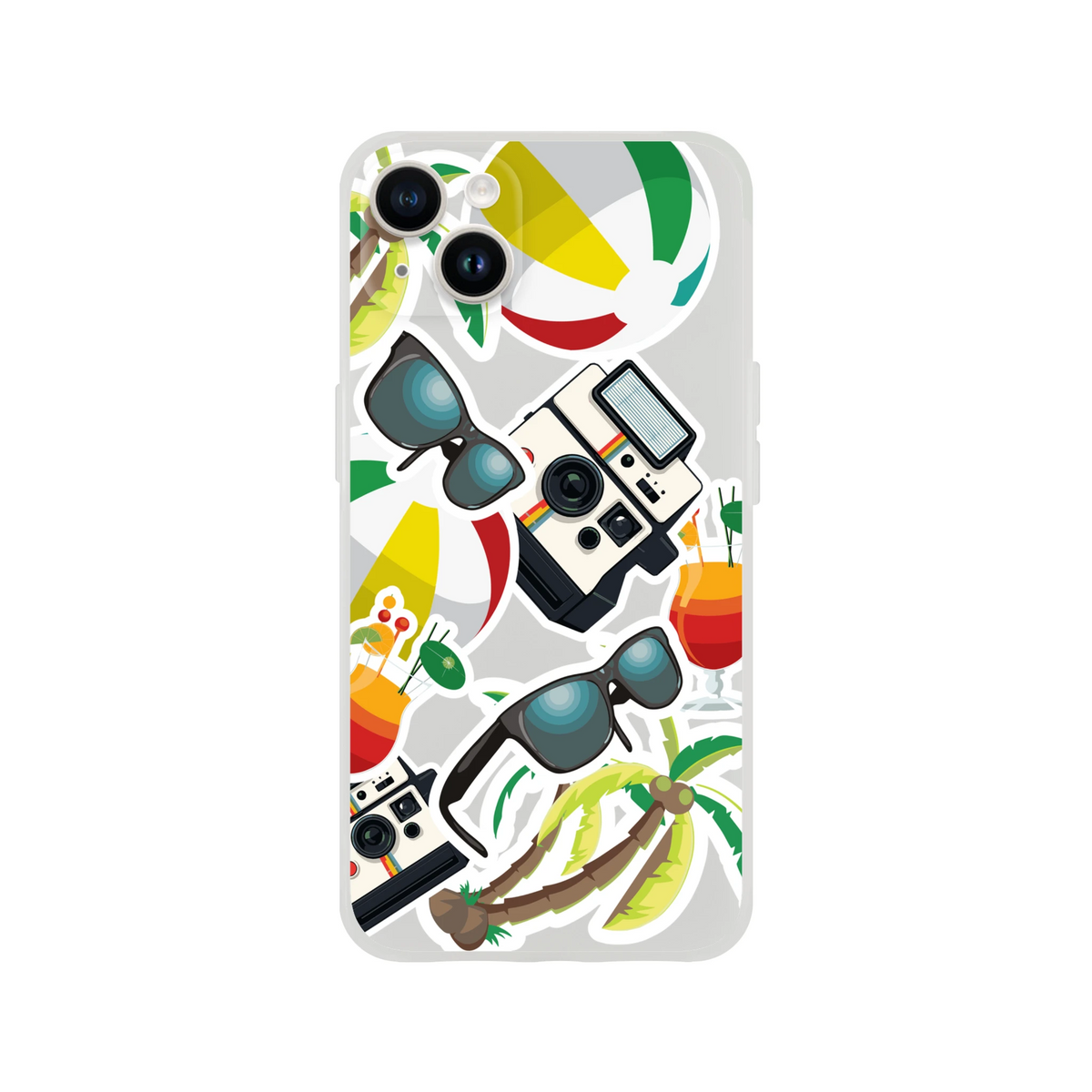 Transparent iPhone case with summer holiday sticker effect featuring palm trees, beach balls, sunglasses, and vintage cameras.