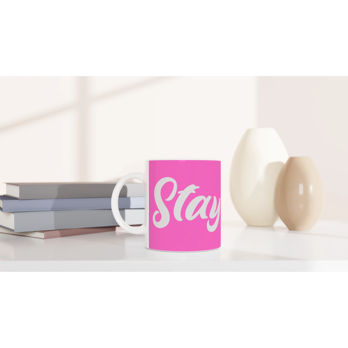 Cute Stay True Mug in pink with white cursive slogan, ceramic with comfy handle for coffee or tea.