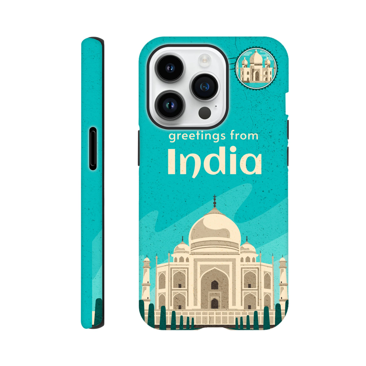 India Taj Mahal postcard tough iPhone case for 13-16, teal wraparound Taj Mahal artwork travel cover.