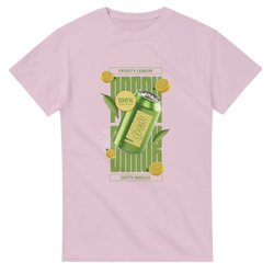 Pink women's t-shirt featuring a retro green citrus can graphic with fresh lemon slices and zesty breeze text.