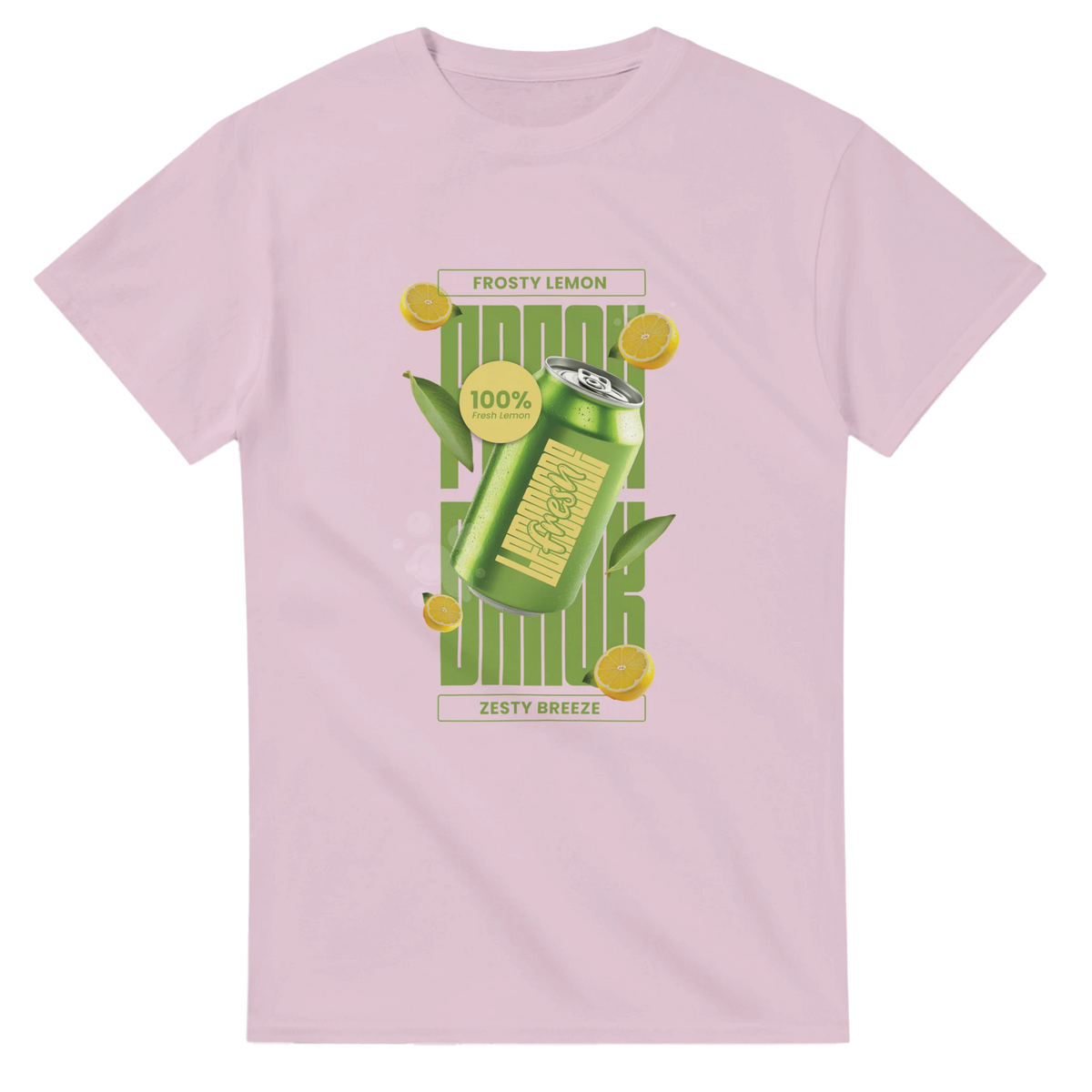 Pink women's t-shirt featuring a retro green citrus can graphic with fresh lemon slices and zesty breeze text.