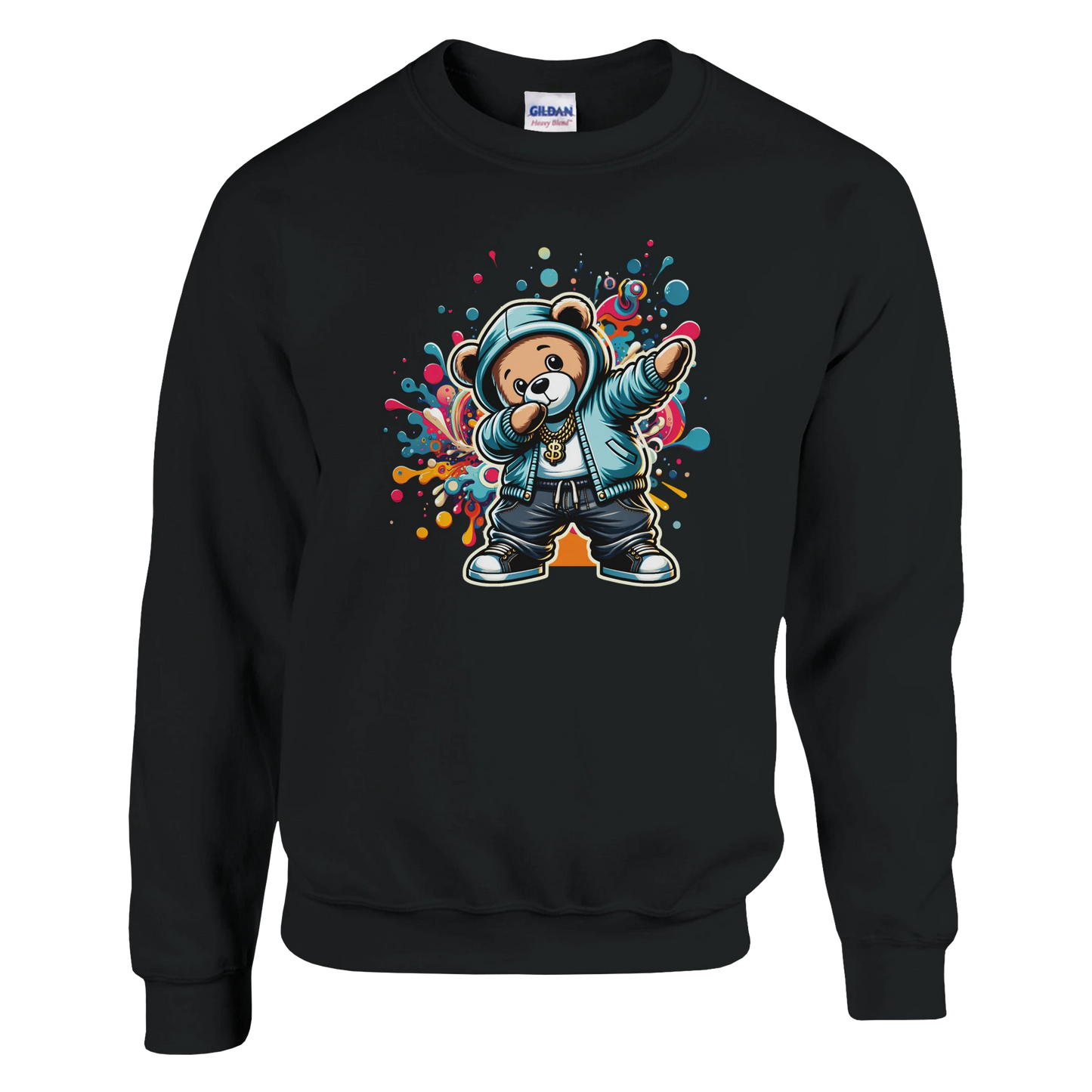 Black men's graphic sweatshirt with a colorful bear graphic on a white background