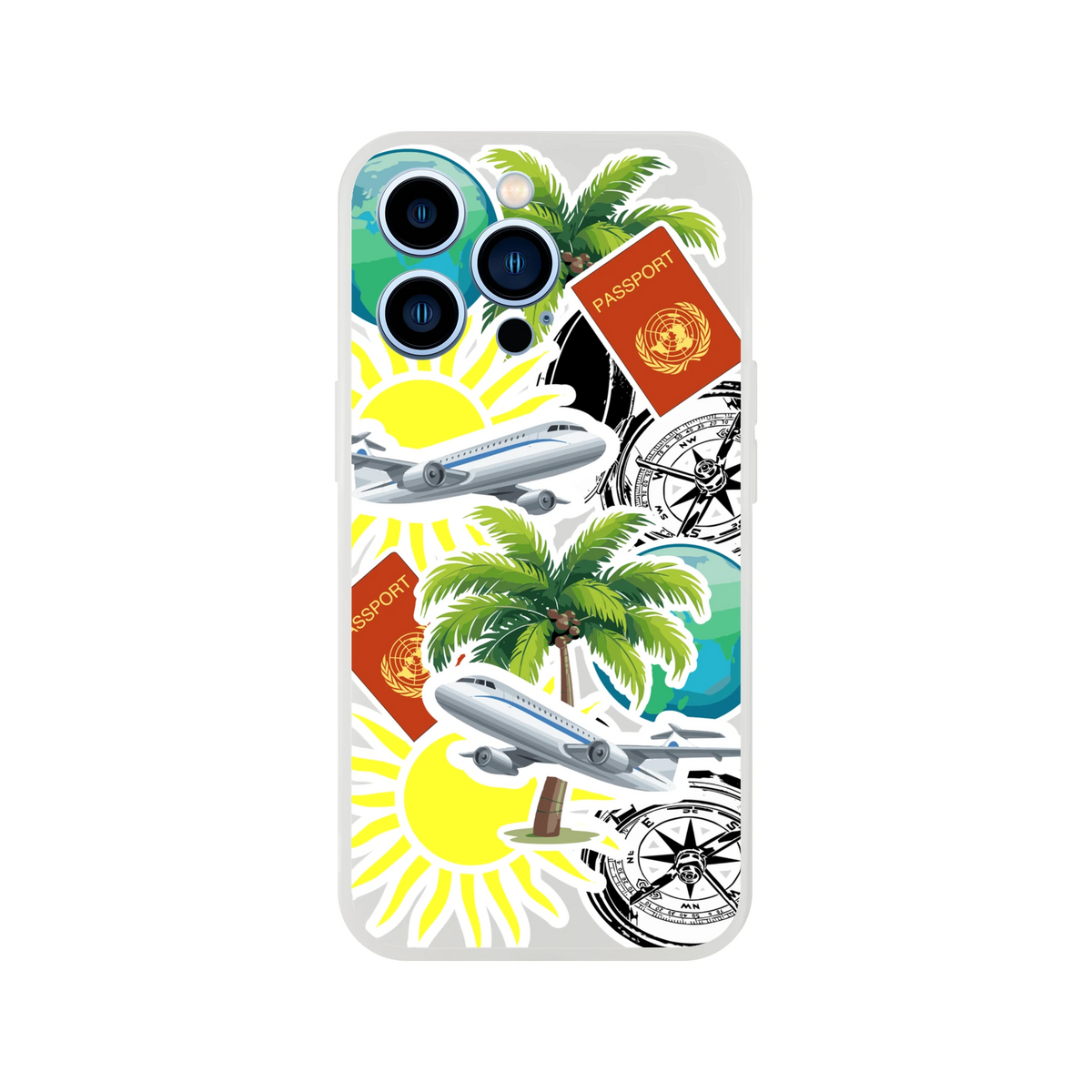 Travel sticker iPhone case featuring palm trees, airplanes, passports, and compass designs for a coastal urban aesthetic.