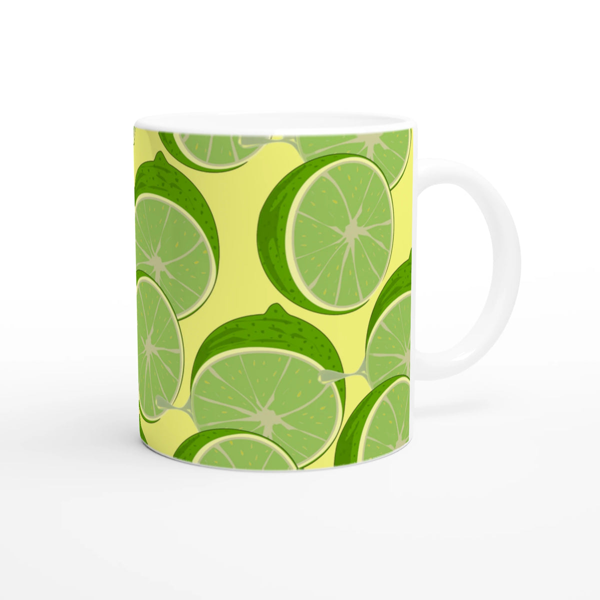 Lime Slice Pattern Ceramic Mug with lime designs on yellow background for citrus coffee or tea.