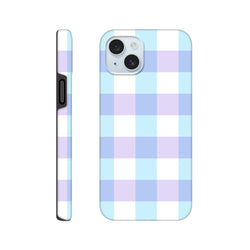 Pastel blue gingham tough iPhone case with cute checkered pattern and shock-absorbing protection for daily use.