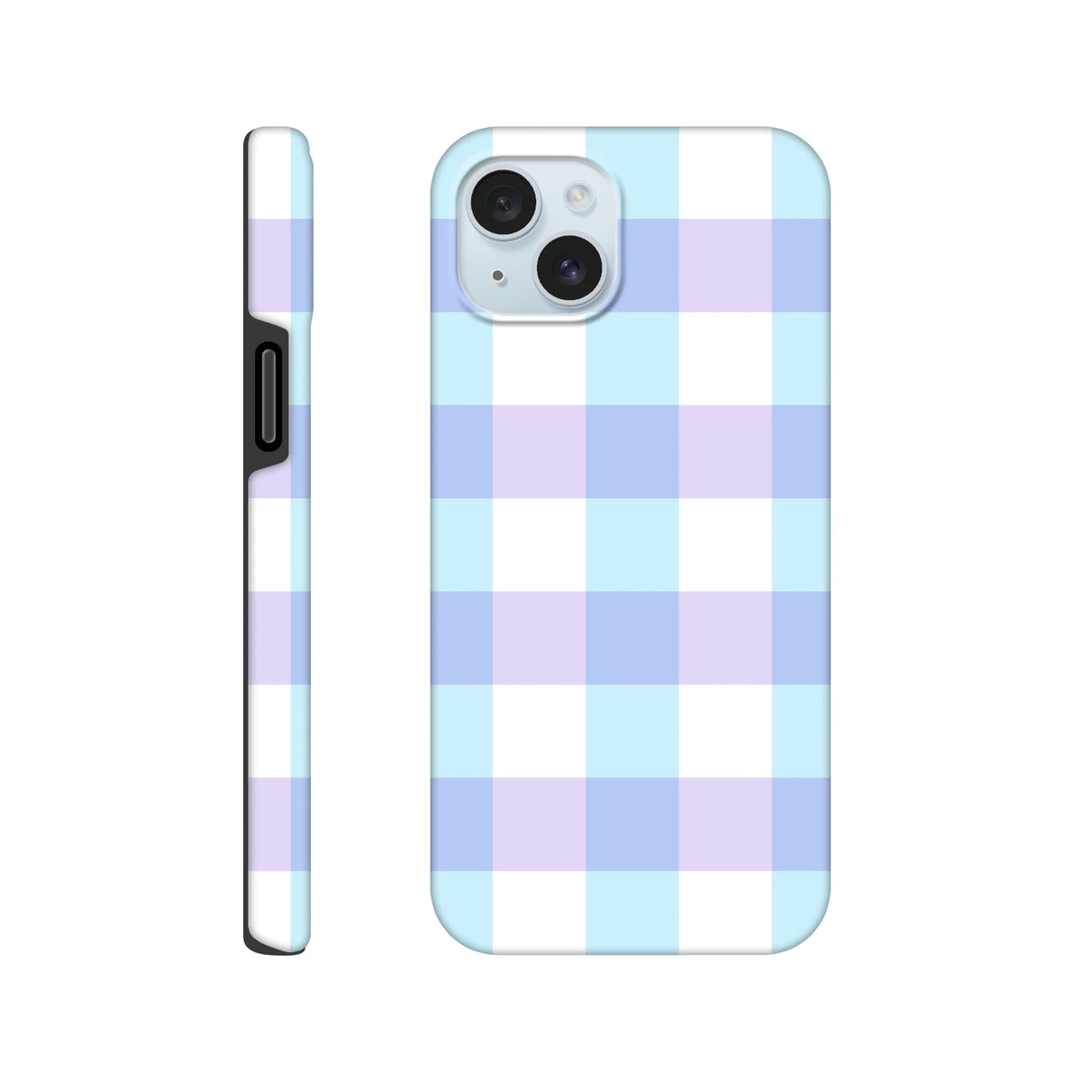 Pastel blue gingham tough iPhone case with cute checkered pattern and shock-absorbing protection for daily use.