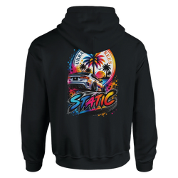 Black hoodie featuring a colorful modified car graphic with palm trees and static text, celebrating urban petrolhead culture.