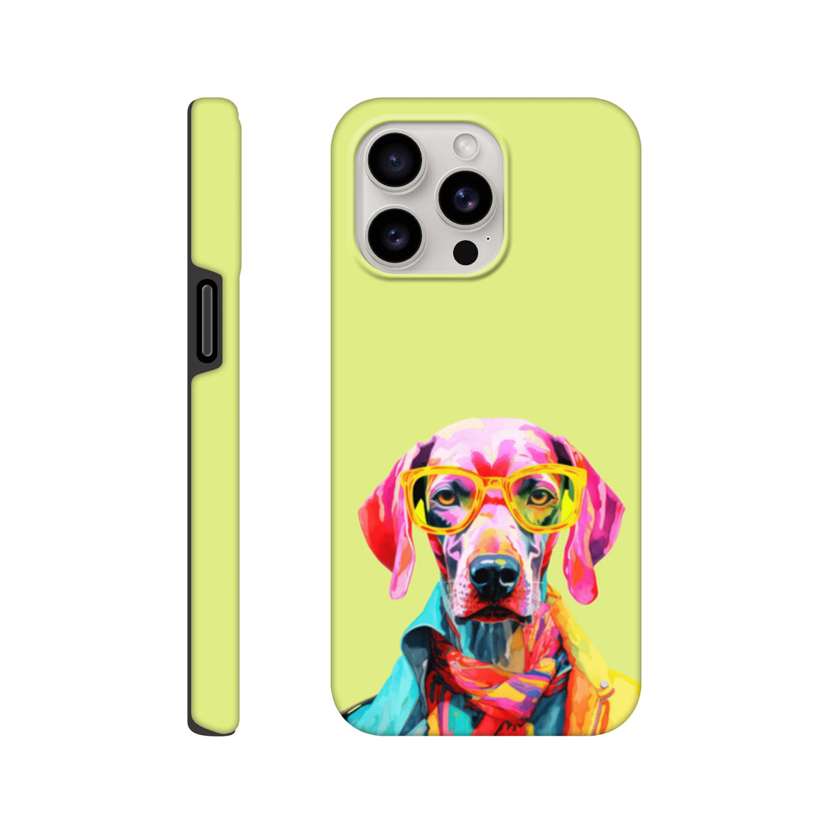 Vibrant pop art dog wearing glasses and a jacket on a lime green tough iPhone case.