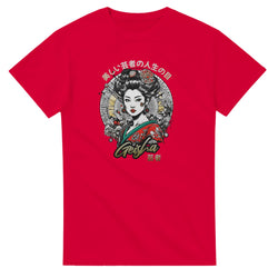 Red men's Geisha Girl Japanese graphic tee with geisha illustration and circular backdrop, cotton blend, sizes S-XL.
