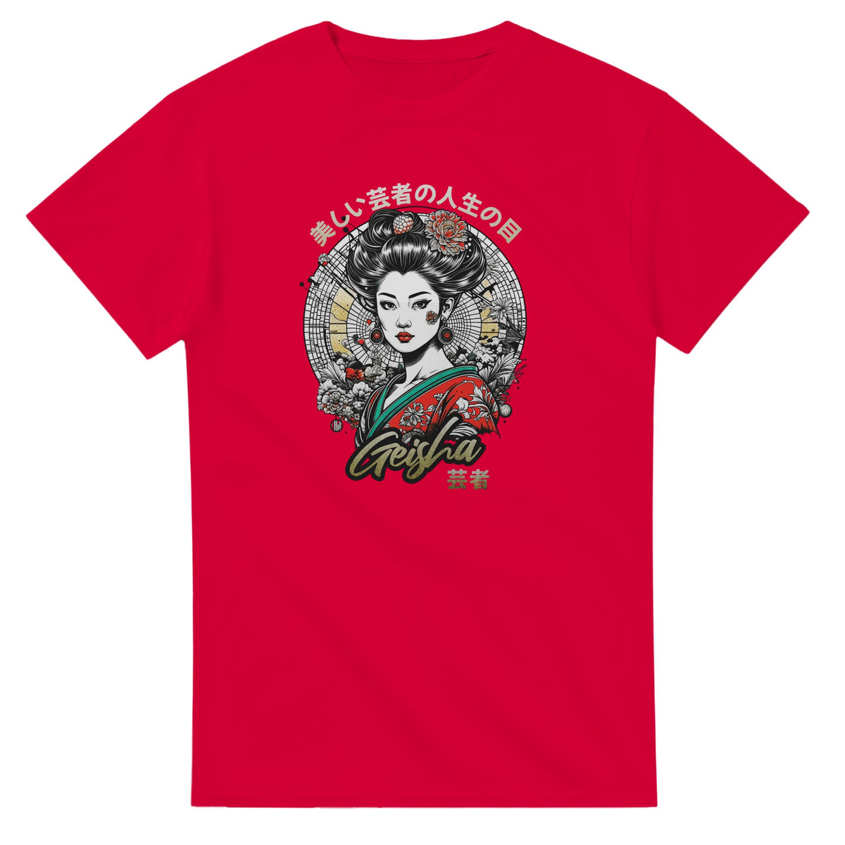 Red men's Geisha Girl Japanese graphic tee with geisha illustration and circular backdrop, cotton blend, sizes S-XL.