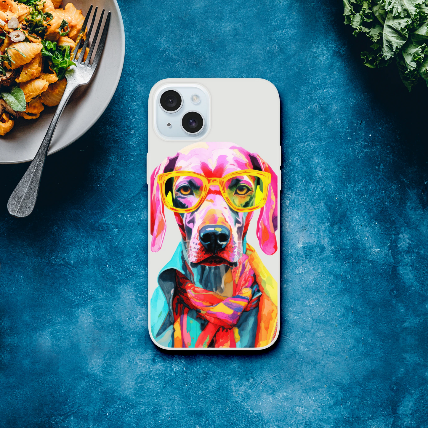 Colorful dog with yellow glasses on a transparent, slim protective case for iPhone 13-16.