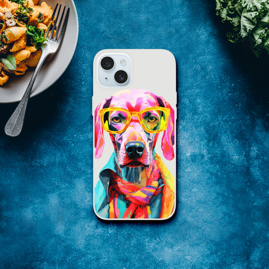 Colorful dog with yellow glasses on a transparent, slim protective case for iPhone 13-16.