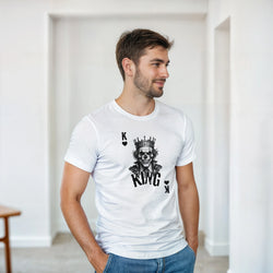 Man wearing white gothic streetwear tee featuring a crowned King Skull playing card graphic design.