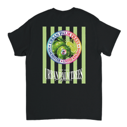 Black women's t-shirt back featuring retro lime graphic with striped fruit print and Urban Palm Trees text.