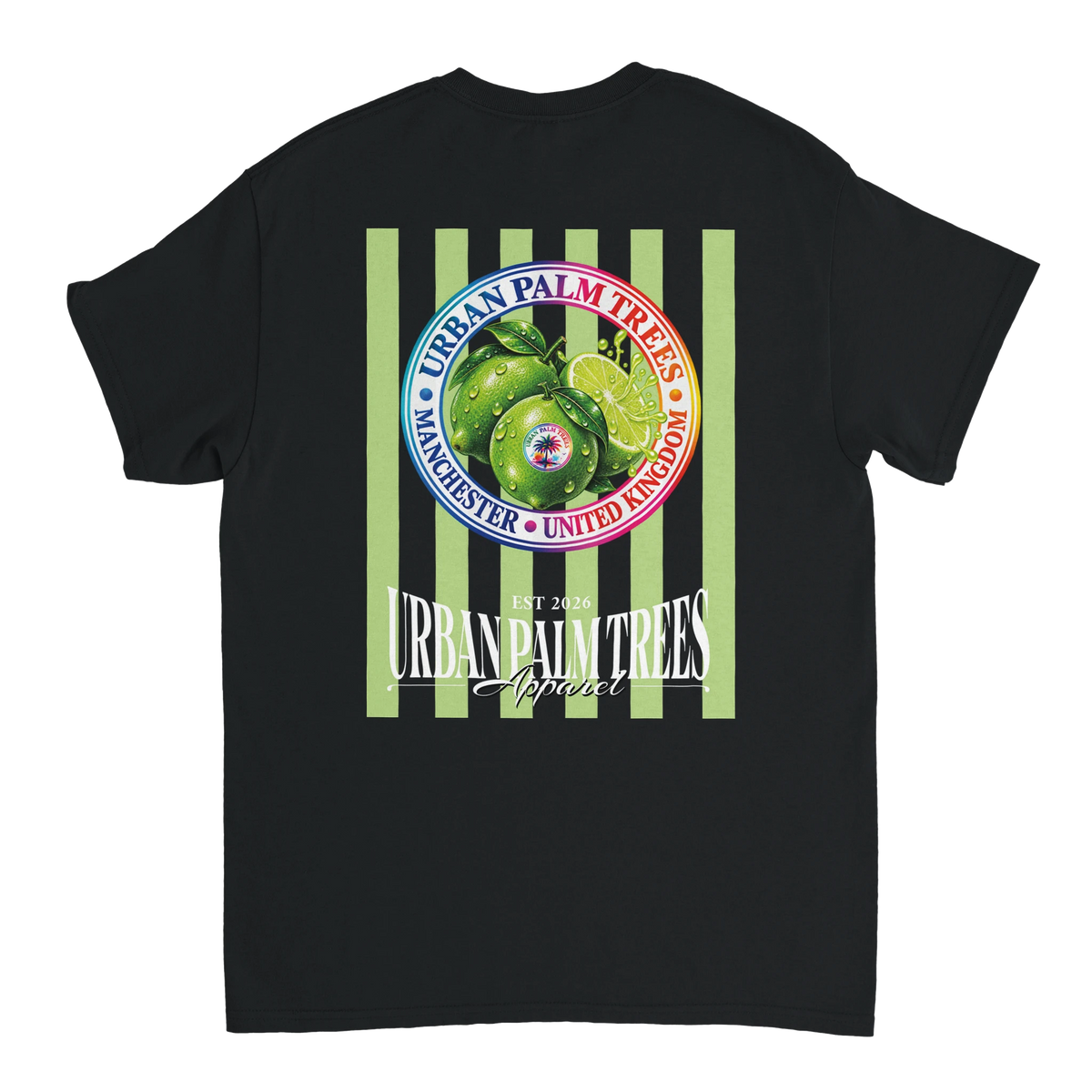 Black women's t-shirt back featuring retro lime graphic with striped fruit print and Urban Palm Trees text.