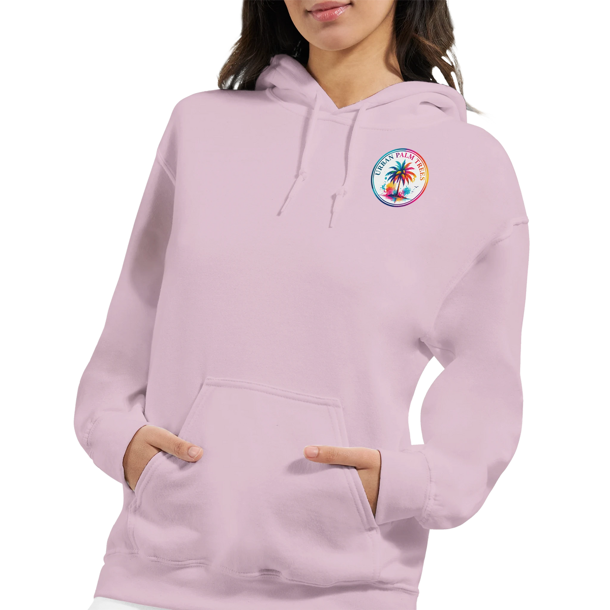 Lilac hoodie with colorful Urban Palm Trees logo on chest.舒适 pullover sweatshirt with front kangaroo pocket and drawstrings.