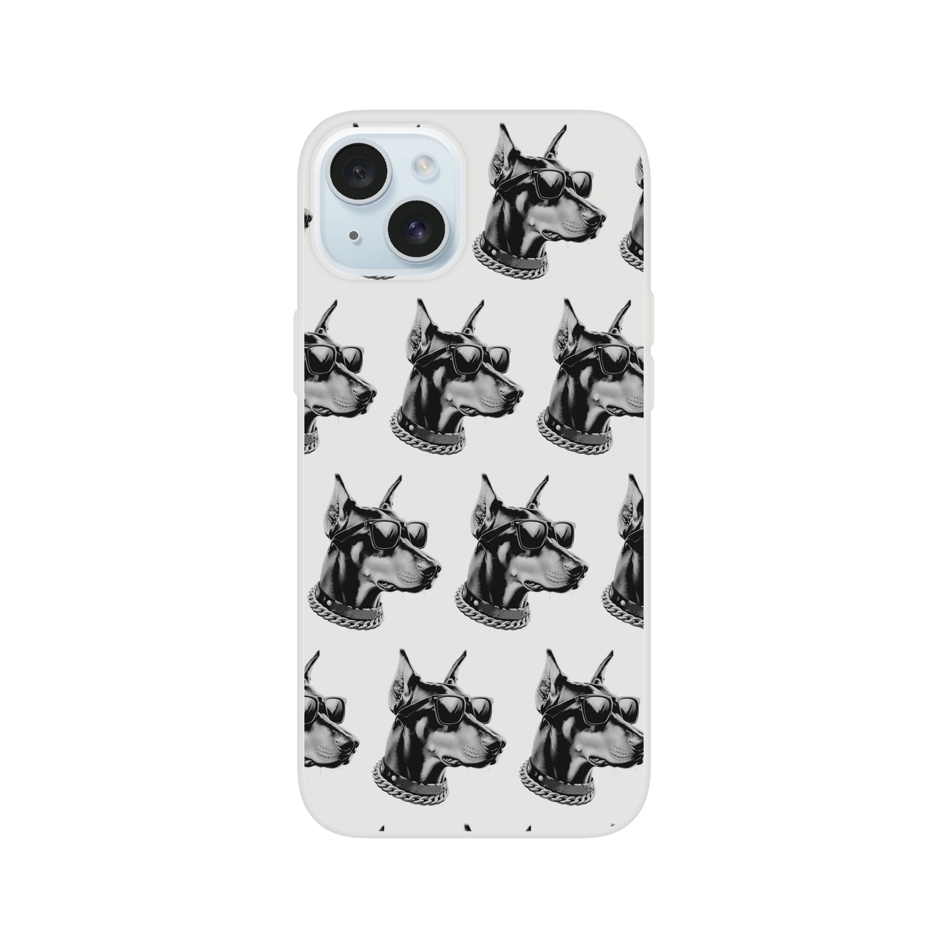 Gangster dog pattern on a frosty transparent iPhone case; repeating heads with sunglasses and chains.