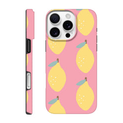 Pink iPhone case with cute yellow lemon pattern. Tough protective fruit design for urban style and daily scrape protection.