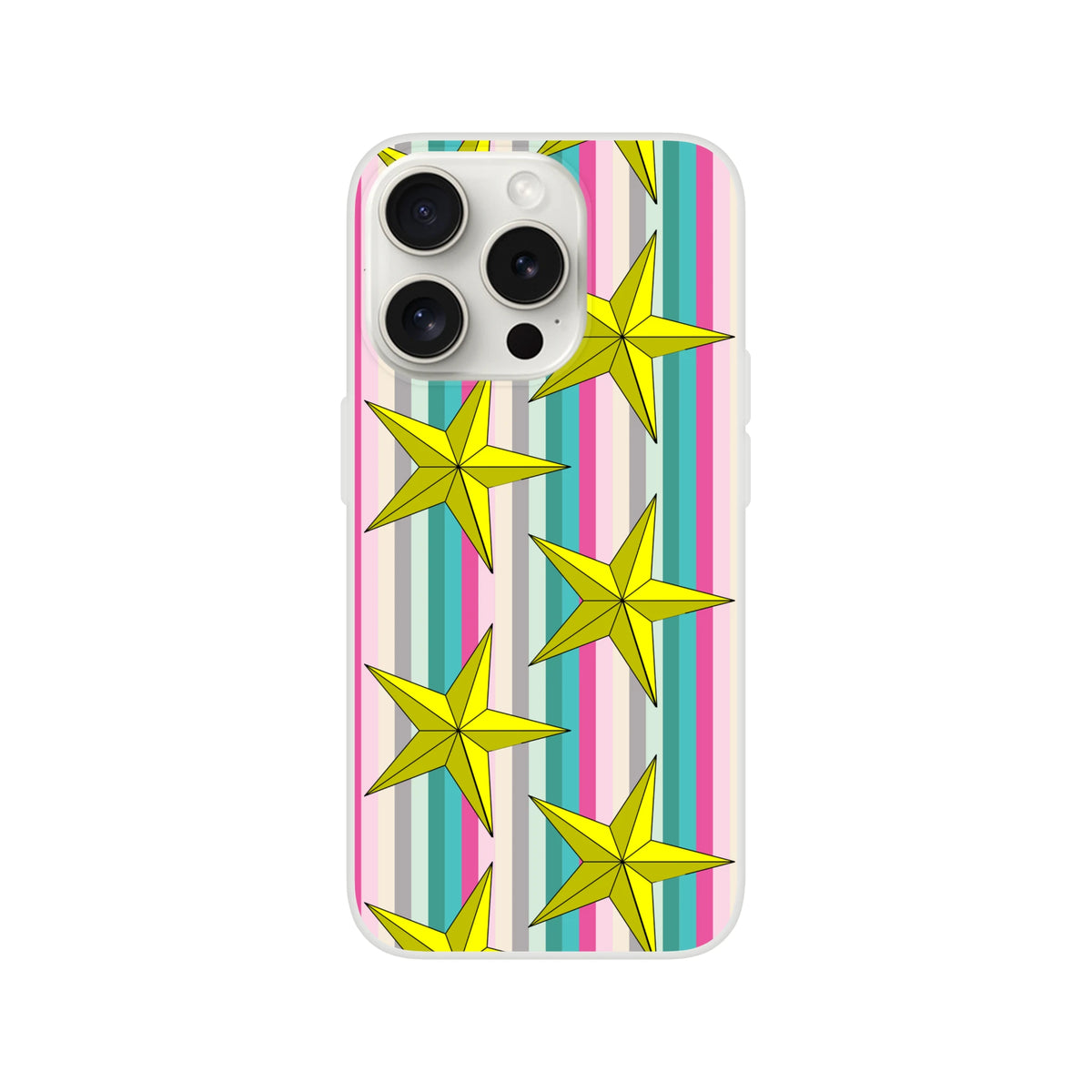 Pastel striped iPhone case with gold stars for iPhone 13-16, cute aesthetic.