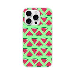 Cute summer watermelon pattern iPhone case with red slices on light green background. Slim matte finish phone cover for iPhone 13-16.